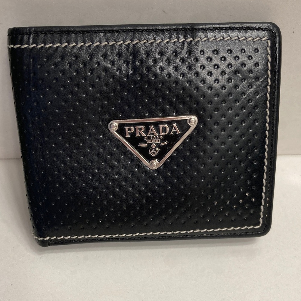 Prada Men’s Classic Black Perforated Leather Wallet with Metal Triangle Logo